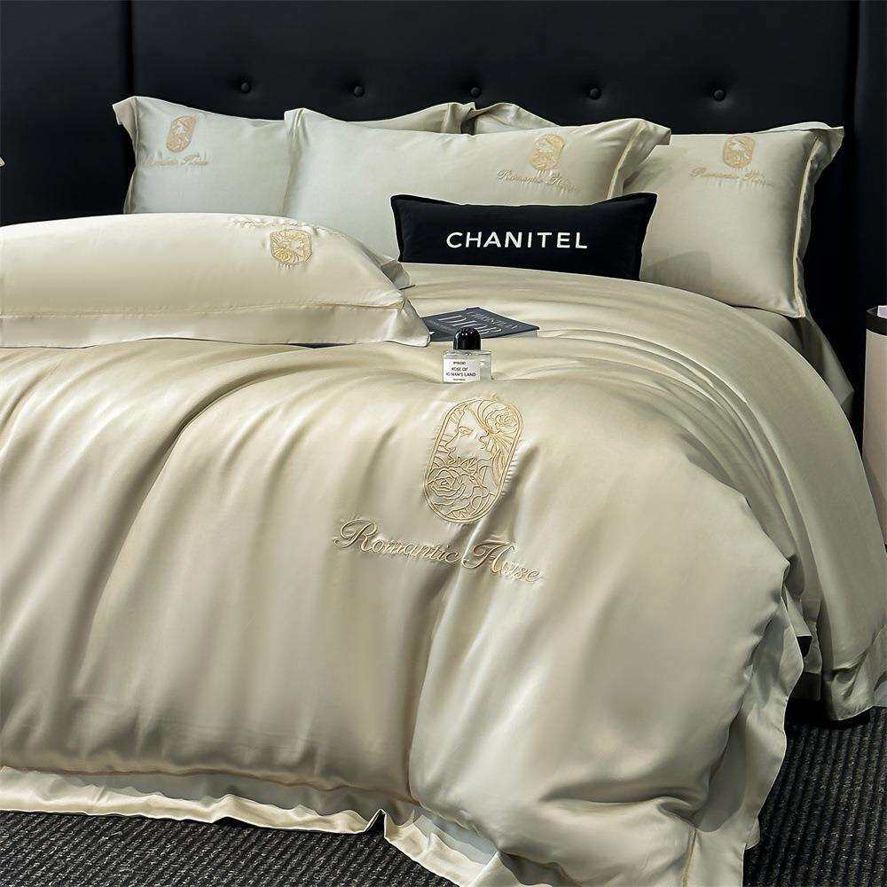 夏季冰丝刺绣轻奢水洗真丝四件套丝滑床单被套高级裸睡床上三件套