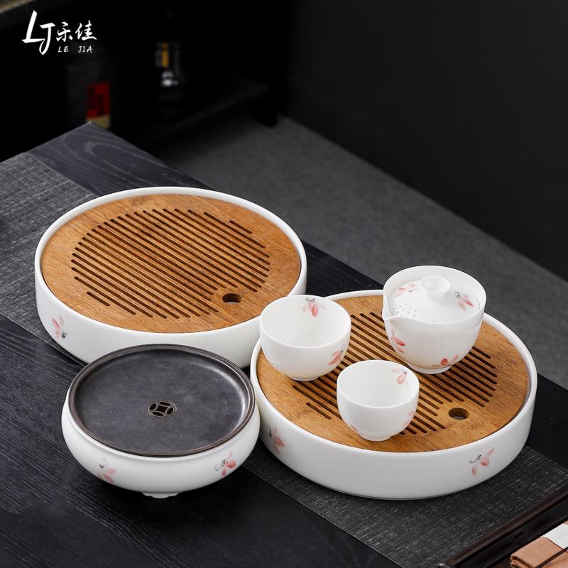 乐佳圆形茶盘小型家用茶几茶托盘客厅陶瓷茶海干泡小茶台茶具壶承