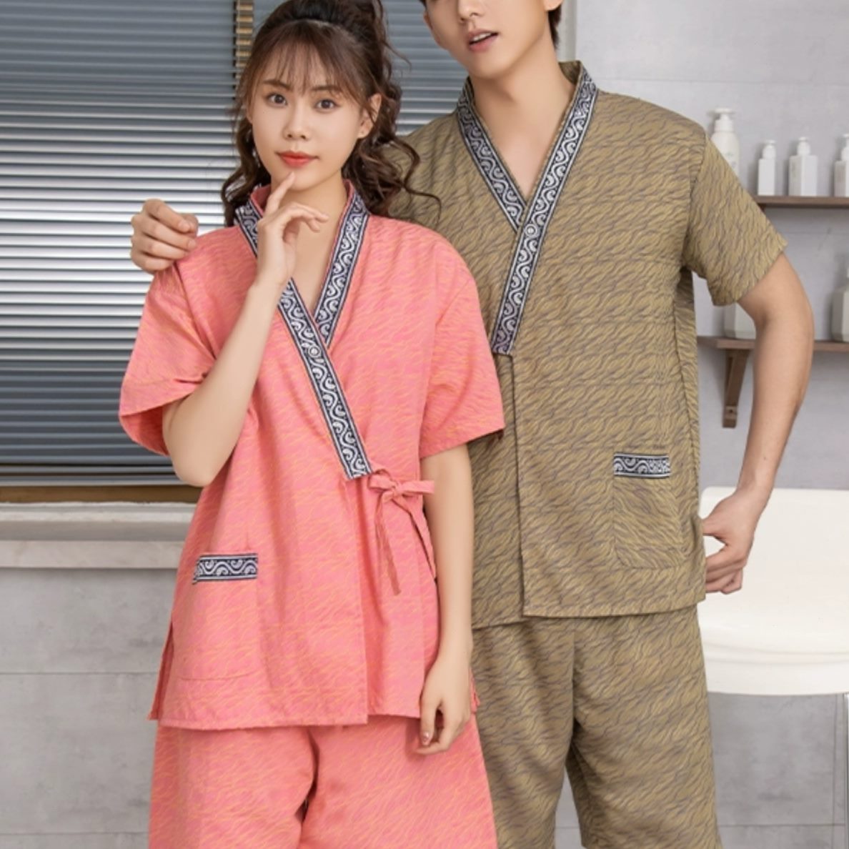 睡衣桑拿浴疗足纯棉服日式和服开衫汗蒸服家居服男女按摩服系带