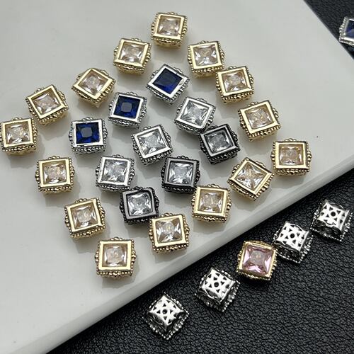 现货保色14k白金色方糖四通方形隔珠通孔DIY饰品配件戒指手链串珠