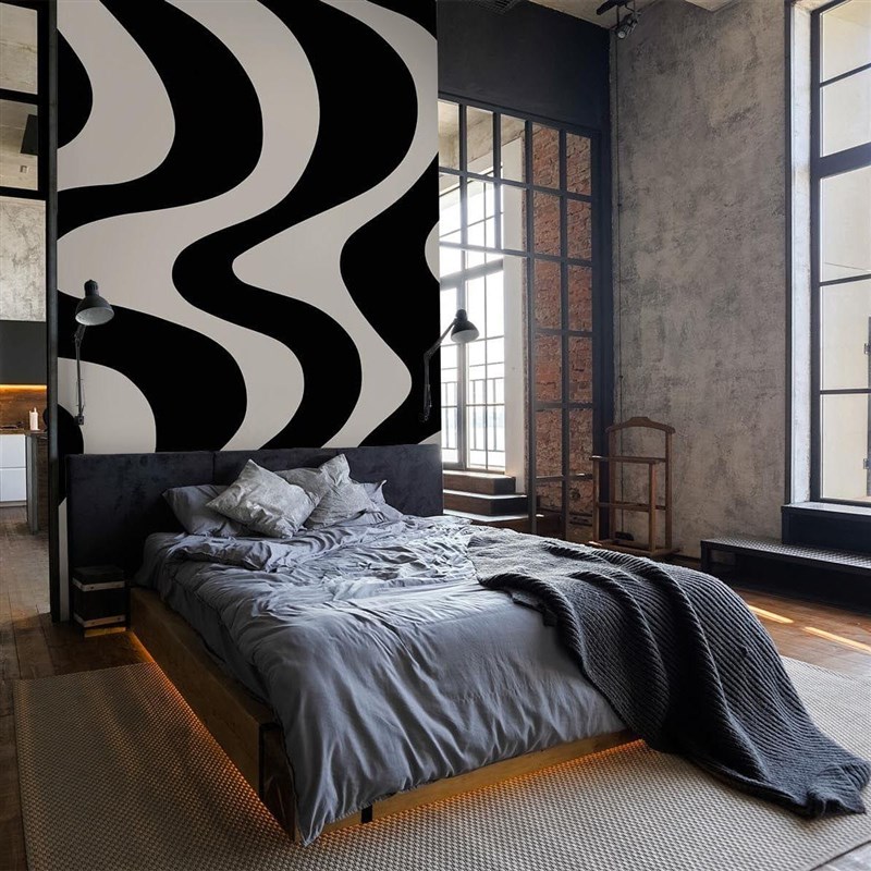 现代艺术中古风壁纸背景墙轻奢餐厅D卧室墙纸墙布抽象黑白线条壁