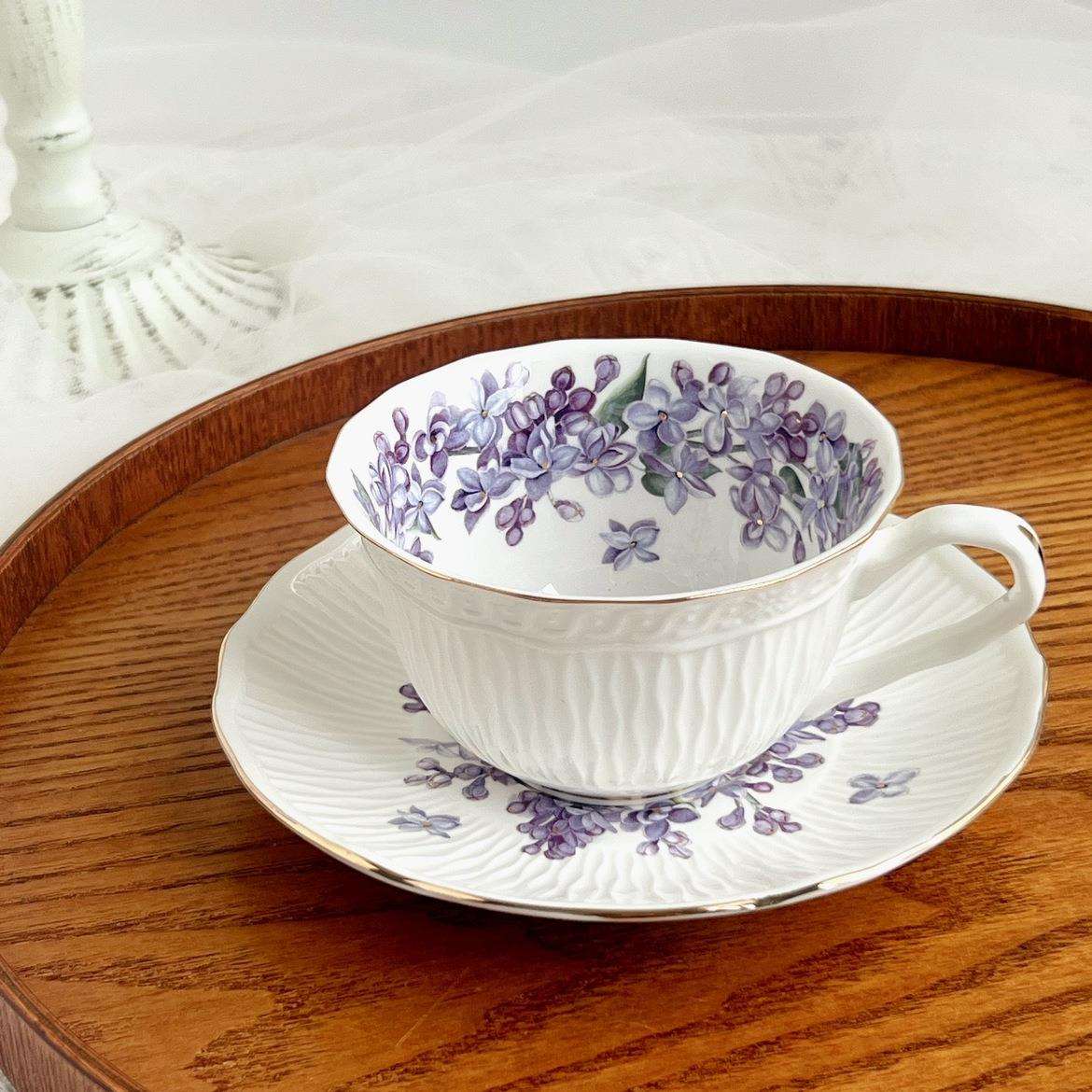 莫奈后花园出口单骨瓷浪漫紫丁香咖啡杯简约浮雕条纹丁香花咖啡杯