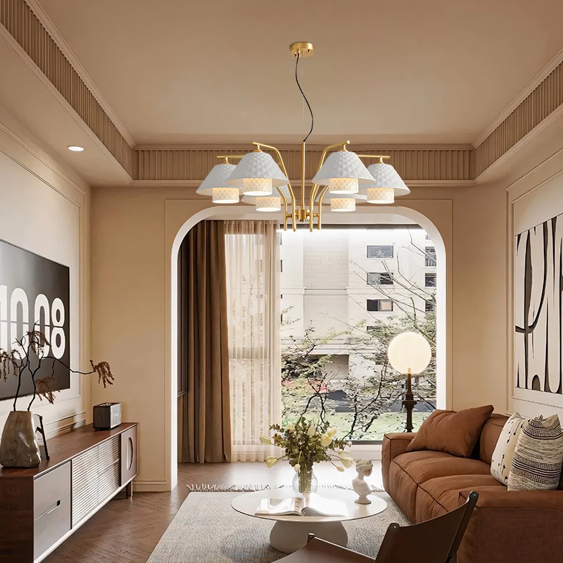 法式奶油风吊灯全铜客厅灯现代简约陶瓷J可调节高度餐厅卧室书房