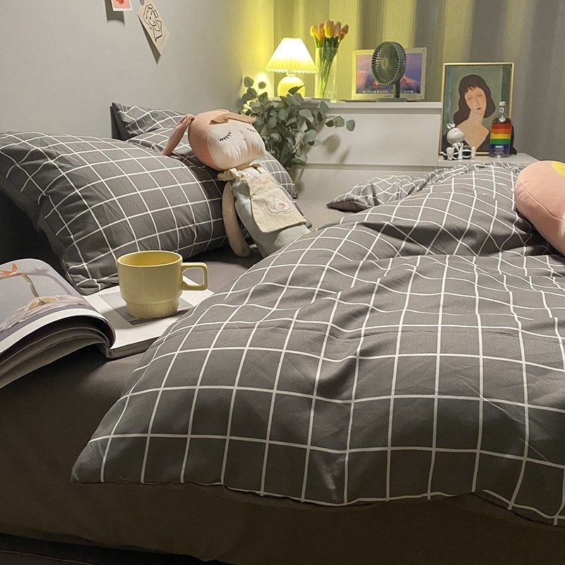 大气质感简约灰色格子磨毛u四件套1.5米宿舍床笠床单三件套纽扣款