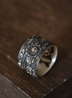 定制浮力999足银做x黑花朵戒指13-20#可戴
