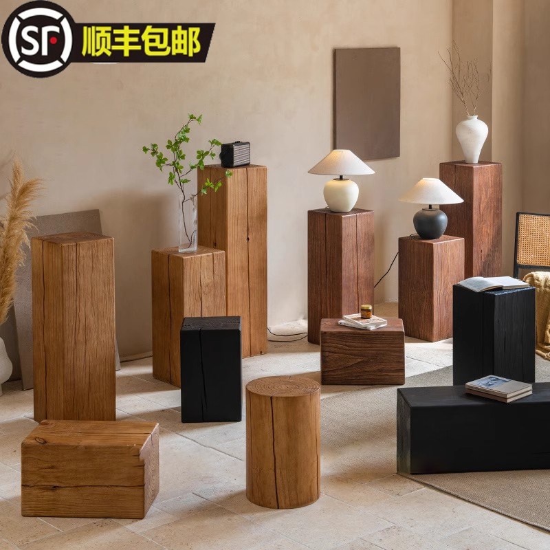 方形侘寂风木墩民m宿茶几木头实木做旧根雕树桩坐凳原木底座花架