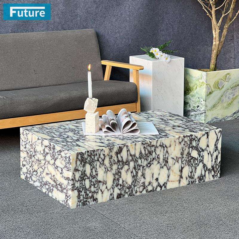 简约轻奢天然紫色大理石咖啡桌客厅长方形茶几家用装饰卡紫桌子