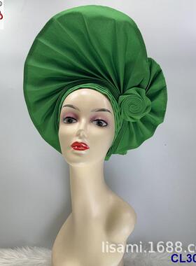 非洲风格贴花粗纹素色提花褶皱编织玫瑰叠法定型头巾auto gele