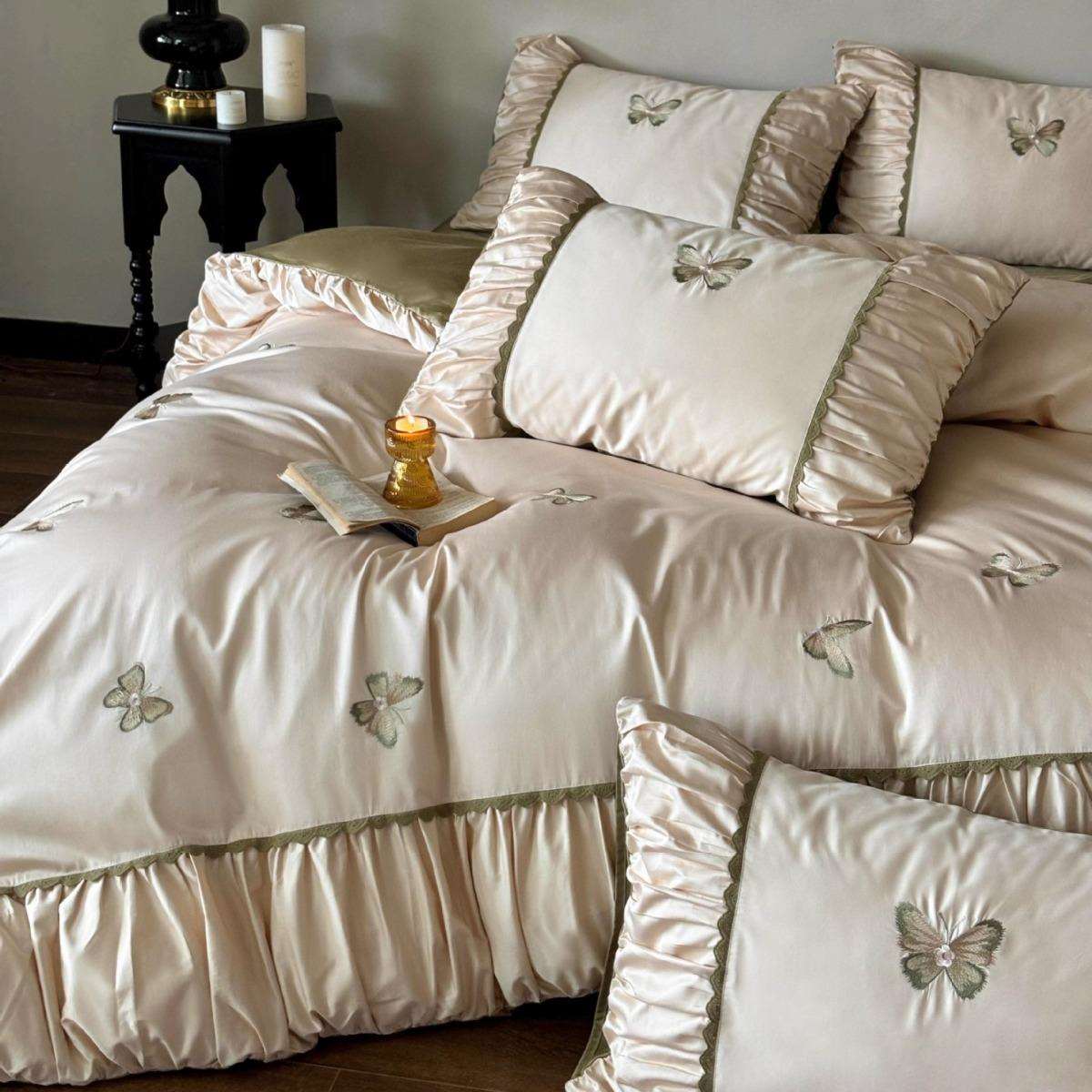 1法式少女心100S澳棉全棉四件套蝴蝶长绒棉绣褶皱花边被套床上用