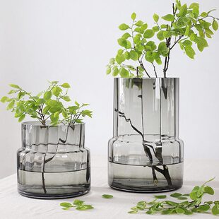 大号轻奢玻璃插花花瓶现代大鲜花水培矮胖绿色花器拾物极简花瓶口