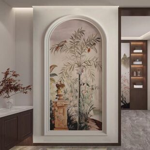 肌理玄关进门走廊发光壁画复古壁画布过道古风中尽法式头墙纸植物