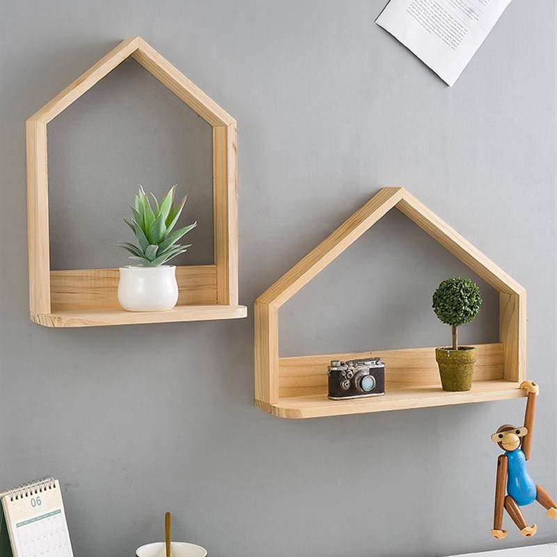 创意北欧实木墙上置物架免打孔墙壁客F厅电视背景墙柜面原木装饰