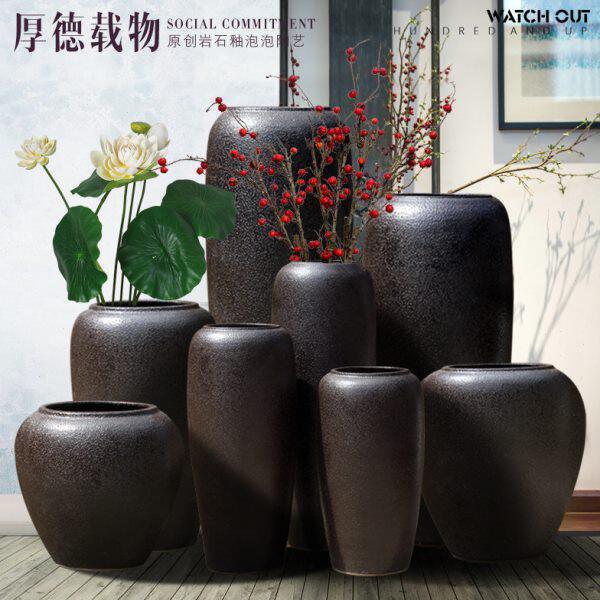 新中式复古粗陶瓷花瓶落地大号橱窗摆件陶瓷缸景观工艺品餐厅陶罐