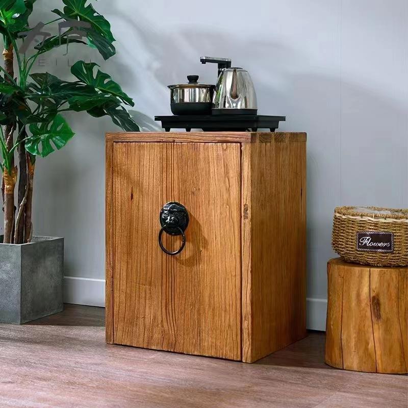 新中式老榆木茶水柜实木自来水桶收纳柜玄关风化板餐边柜茶具矮柜