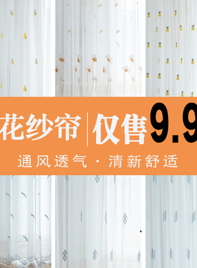 北欧风格绣花薄纱窗帘布s料定制客厅卧室简约现代成品白色纱帘飘
