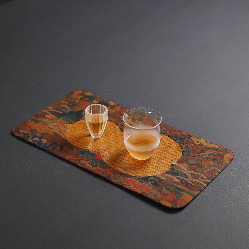 K6WY竹编茶席茶垫大漆干泡垫杯垫子香云纱刺子绣麻布中式禅意茶道