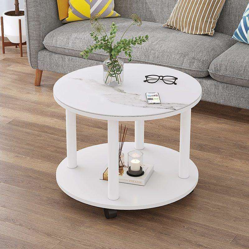 圆形岩板玻璃木板茶几小户型客厅家用边几喝茶桌加轮子可移动阳台