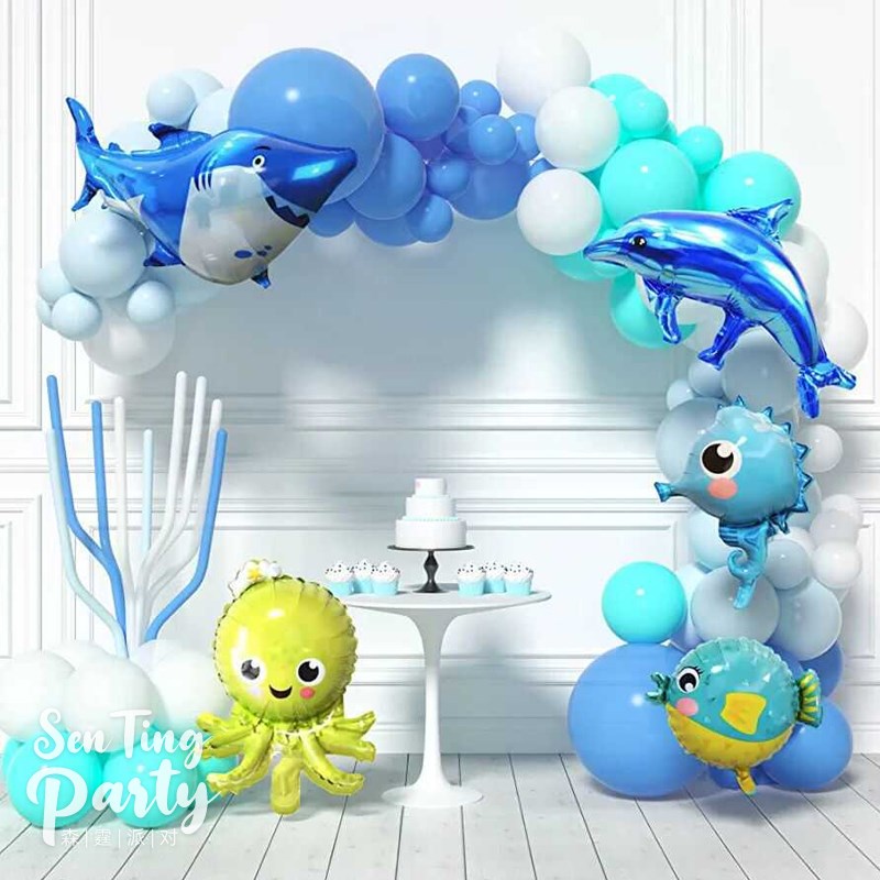 新款 蓝色海洋主题海底世界气球链章鱼鲨鱼海豚铝U膜男孩生日派对