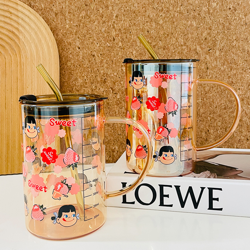 1000bml大容量牛奶妹刻度玻璃杯喝水杯办公室带盖吸管杯女生花茶