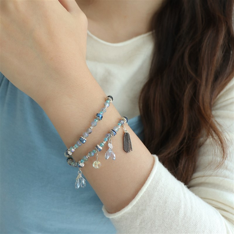 因缺斯汀【旅行日记】双层缠绕蓝色流苏手链弹力S绳手饰百搭气质