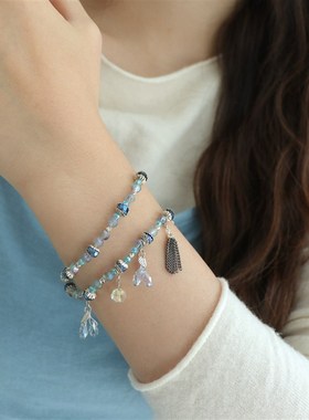 因缺斯汀【旅行日记】双层缠绕蓝色流苏手链弹力S绳手饰百搭气质