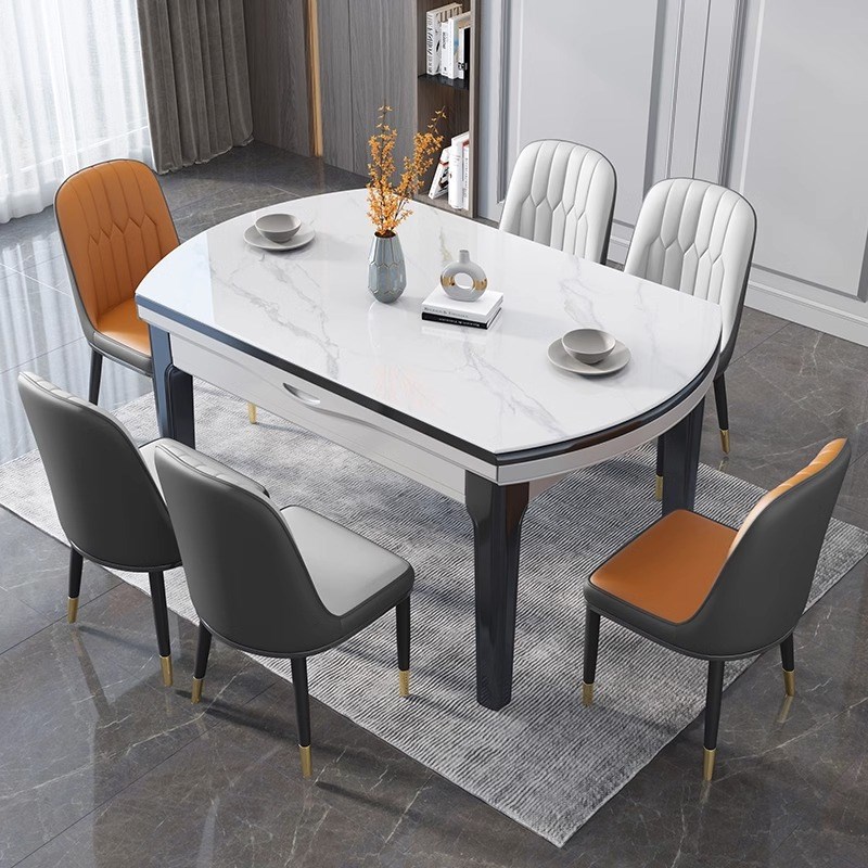 轻奢岩板餐桌椅组合现代简约可伸B缩折叠实木方圆两用餐厅吃饭桌