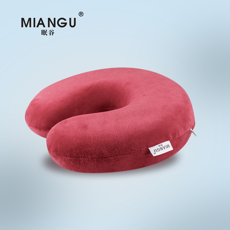记忆棉U形枕红色光面天鹅绒可拆洗飞机枕u型Q慢回弹零压力颈枕头
