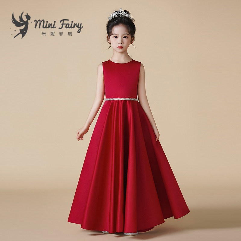 女童钢琴a演出服儿童艺考小提琴比赛表演服红色气质长裙生日晚礼