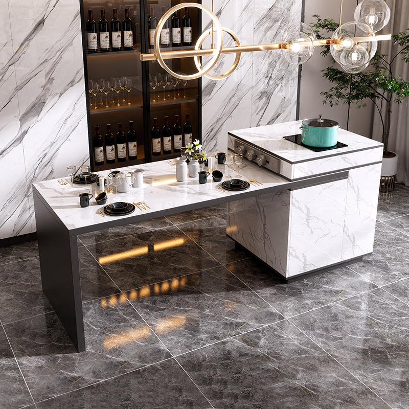 轻奢岩板岛台餐桌一体可伸缩家用开放式K厨房中岛台多功能茶桌吧