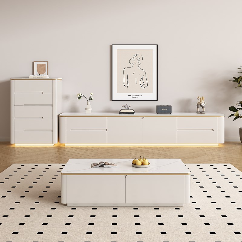 全实木岩板落地电视柜茶几组合现代F简约小户型家用客厅高级感轻