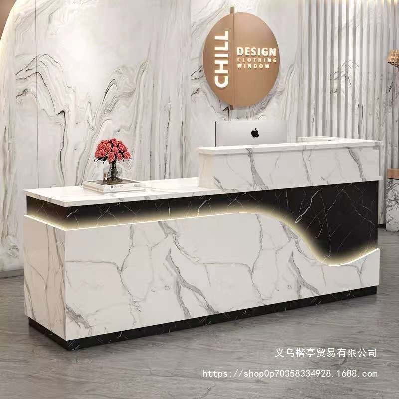 简约现代公司前台院接待台服装店收银台转角吧台发光灯带柜台接待图片