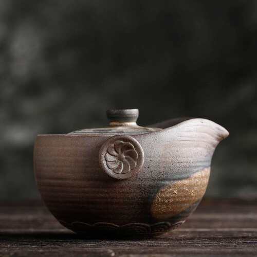 粗陶大号鎏金手抓壶 新中式荷韵家居装饰柴烧手工复古茶具茶壶