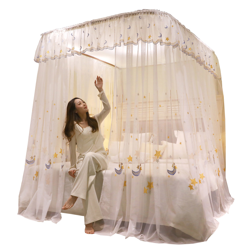 可升降刺绣加密Ujk型蚊帐支架防尘顶落地家用卧室床幔公主风白色