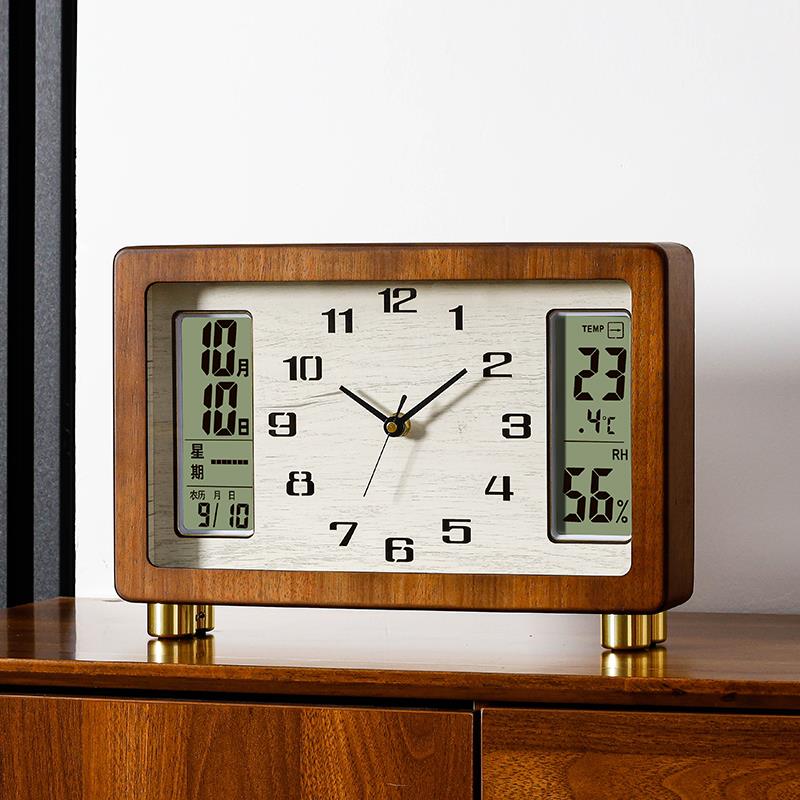 新中式实木简约座钟客厅桌面静音台钟胡桃台式摆件万年历石英钟表