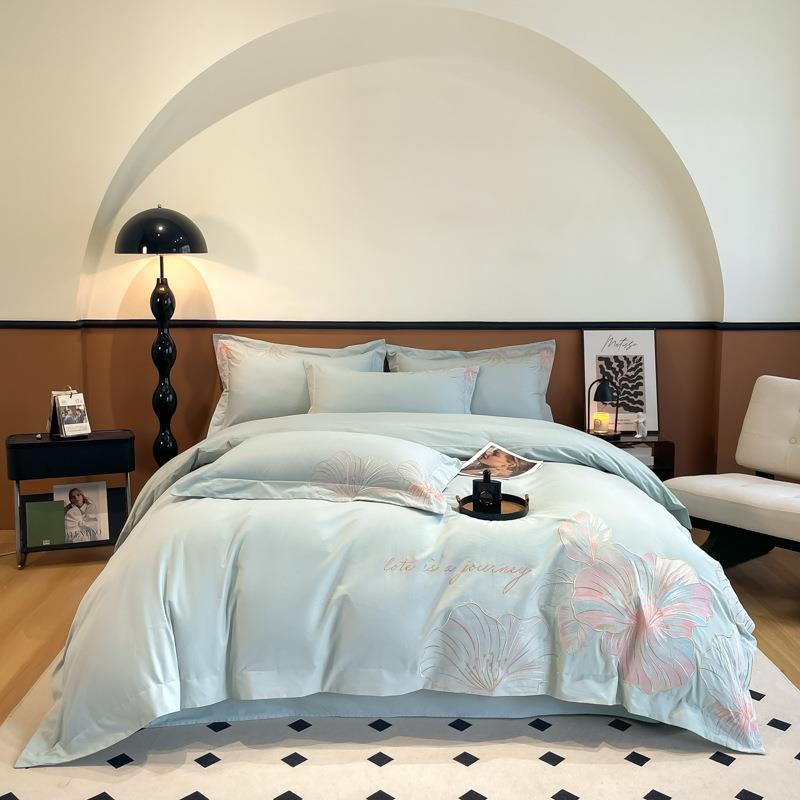 精致田园花卉100支长绒棉全棉四件套刺绣宽边纯棉1.8被套床上用品