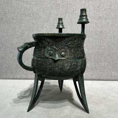 【商代风格】鸮面圆斝青铜器仿古摆件收藏级家居装饰纯铜