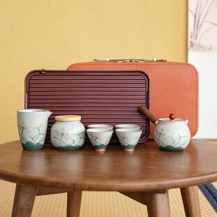 旅行茶具茶杯便携户外一壶套装陶瓷便携式茶盘功夫哥窑手绘荷花