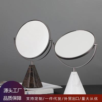 台式双面化妆镜大理石底座样板房卧室摆件 金属边框桌面化妆镜