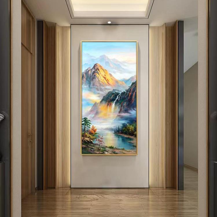 纯手绘流水聚财风景油画新中式聚宝盆玄关竖款装饰画高档写实挂画