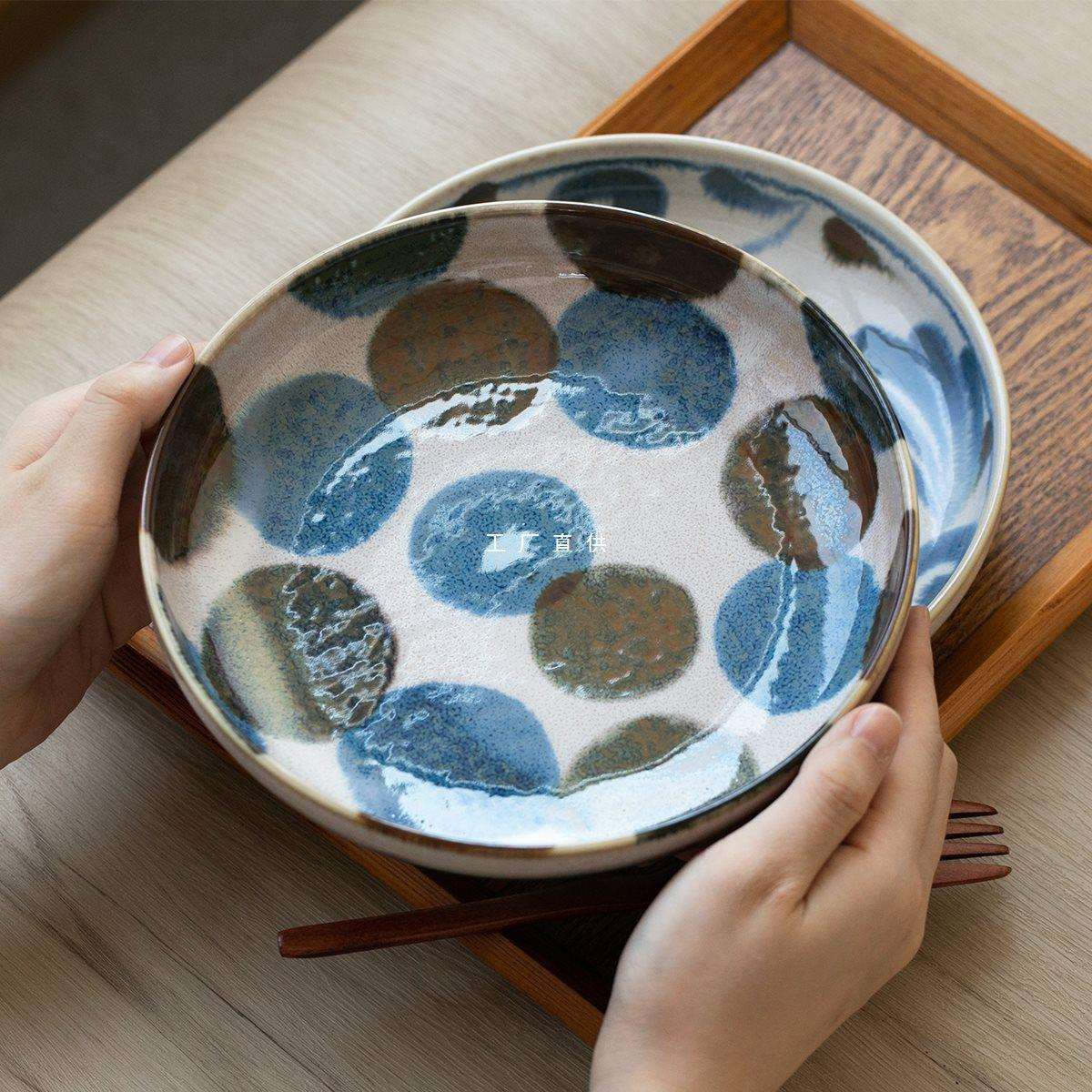笔青陶瓷餐盘手绘蓝唐草圆圈波点盛菜意面盘子