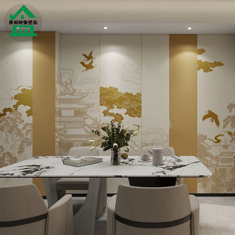 3D新中式山水楼阁壁纸茶室棋牌室背E景墙壁布饭店包间壁画装修墙