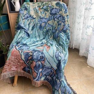 梵高经典油画风鸢尾花单人位沙发巾复古装饰盖布披毯挂布艺术桌布
