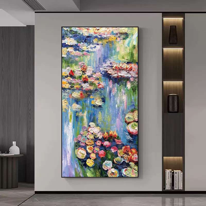 莫奈睡莲名画入户玄关装饰画砂岩肌理画楼梯走廊过道竖版手绘油画图片