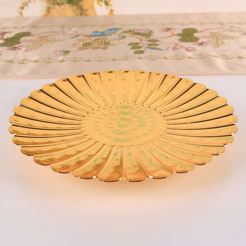 家用金色盘子菊花菜盘糕点盘牛排浅式盘子镀金大饭盘酒店餐具餐盘