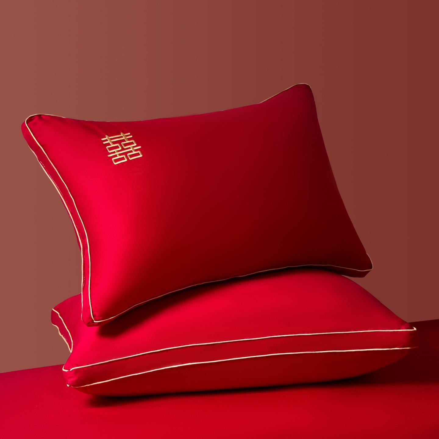 大红色婚庆枕头刺绣亲肤棉结婚喜庆情侣新婚枕芯双人护颈枕头芯