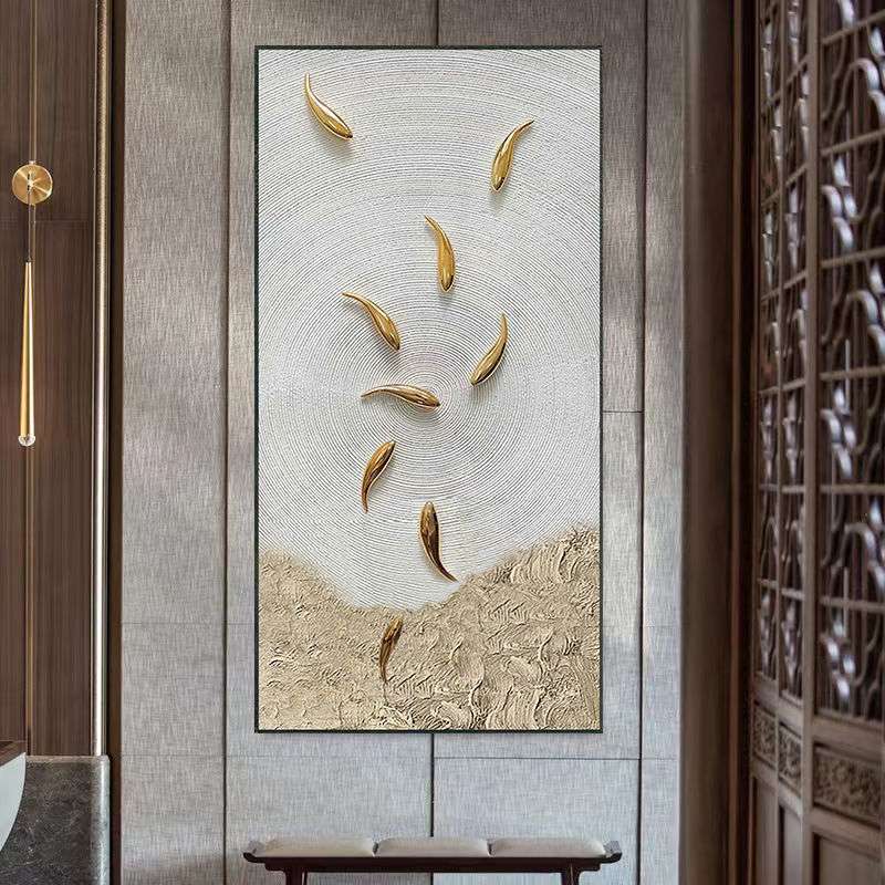 手绘九鱼图轻奢玄关装饰画寓意好简约客厅立体画竖版入户走廊壁画图片