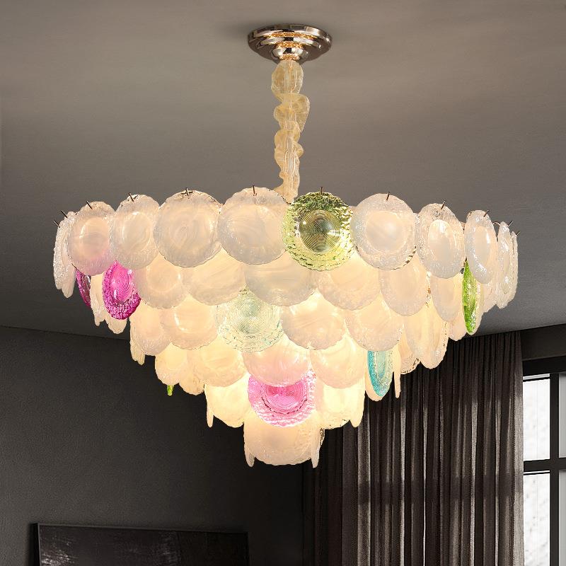 奶油风彩色玻璃法式客厅现代简约吊灯主卧室灯护眼贝壳中山灯具
