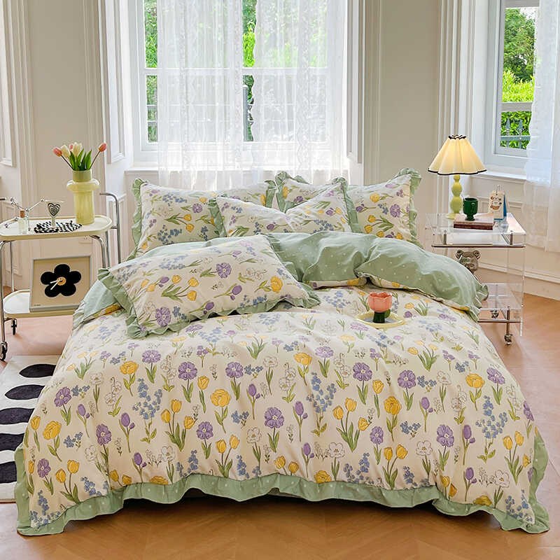 床裙款四b件套四季通用斜纹棉磨毛亲肤花边床单款四件套