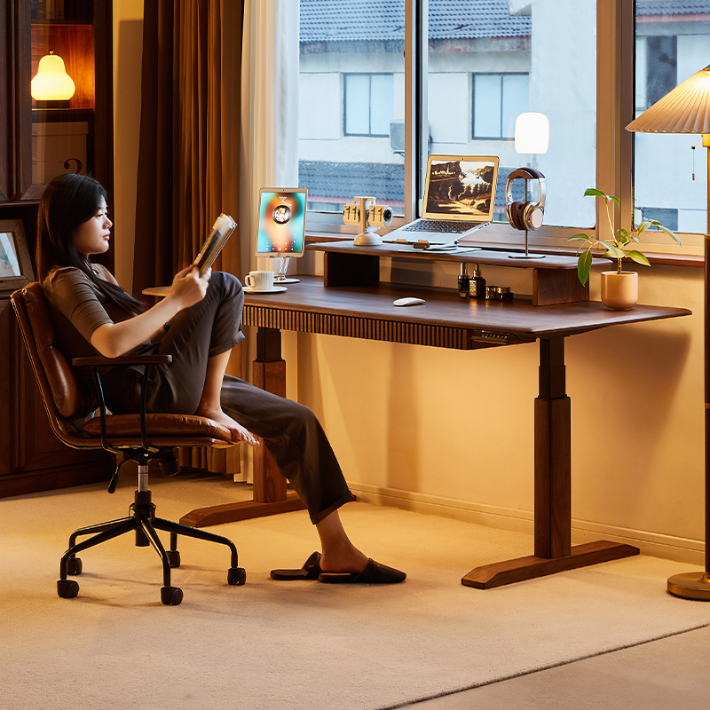 北美黑胡桃木升降书桌实木电动办公桌吧台L桌多用智能双电机工作