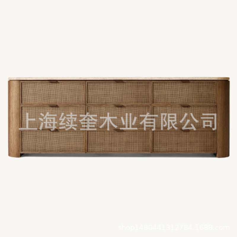 RH美式简约实木卧室储物收纳六斗柜洞石台面客厅外贸工厂出口家具